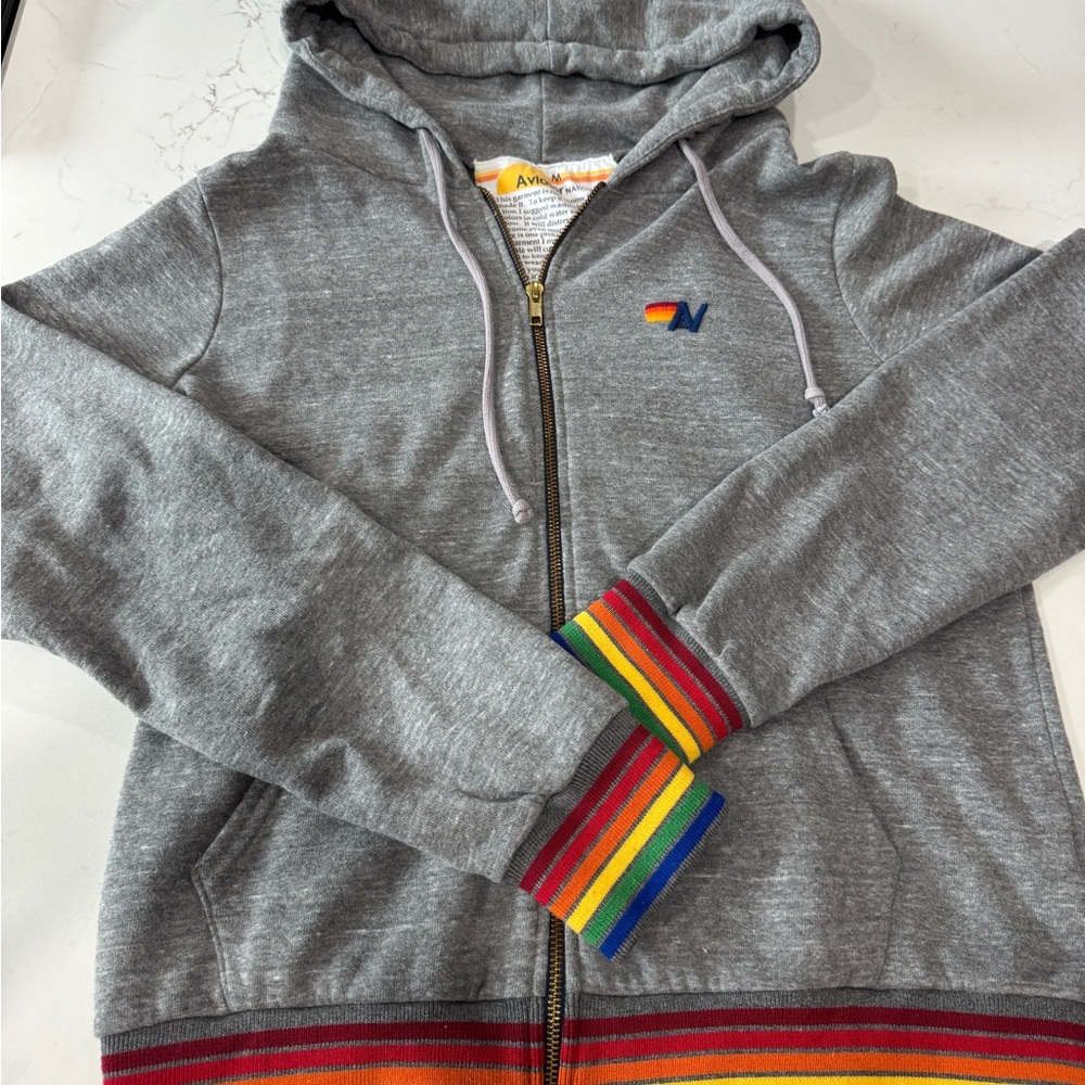 Aviator Nation Gray Hoodie with Rainbow Detail